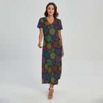 Seven Chakras Flowers Pattern Print Short Sleeve Maxi Dress