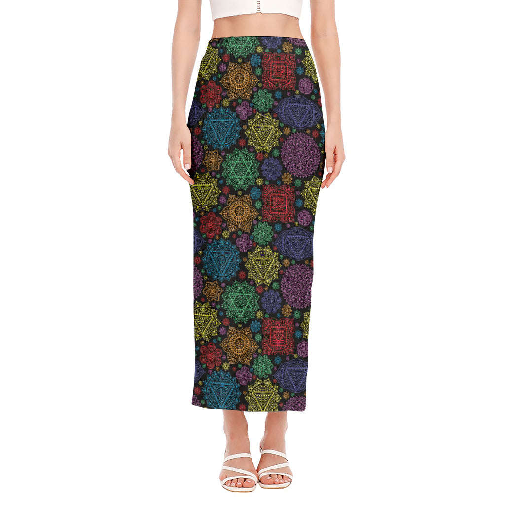 Seven Chakras Flowers Pattern Print Side Slit Maxi Skirt