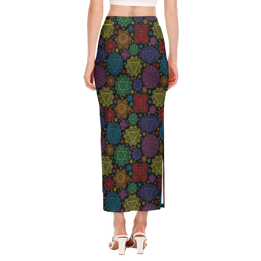 Seven Chakras Flowers Pattern Print Side Slit Maxi Skirt