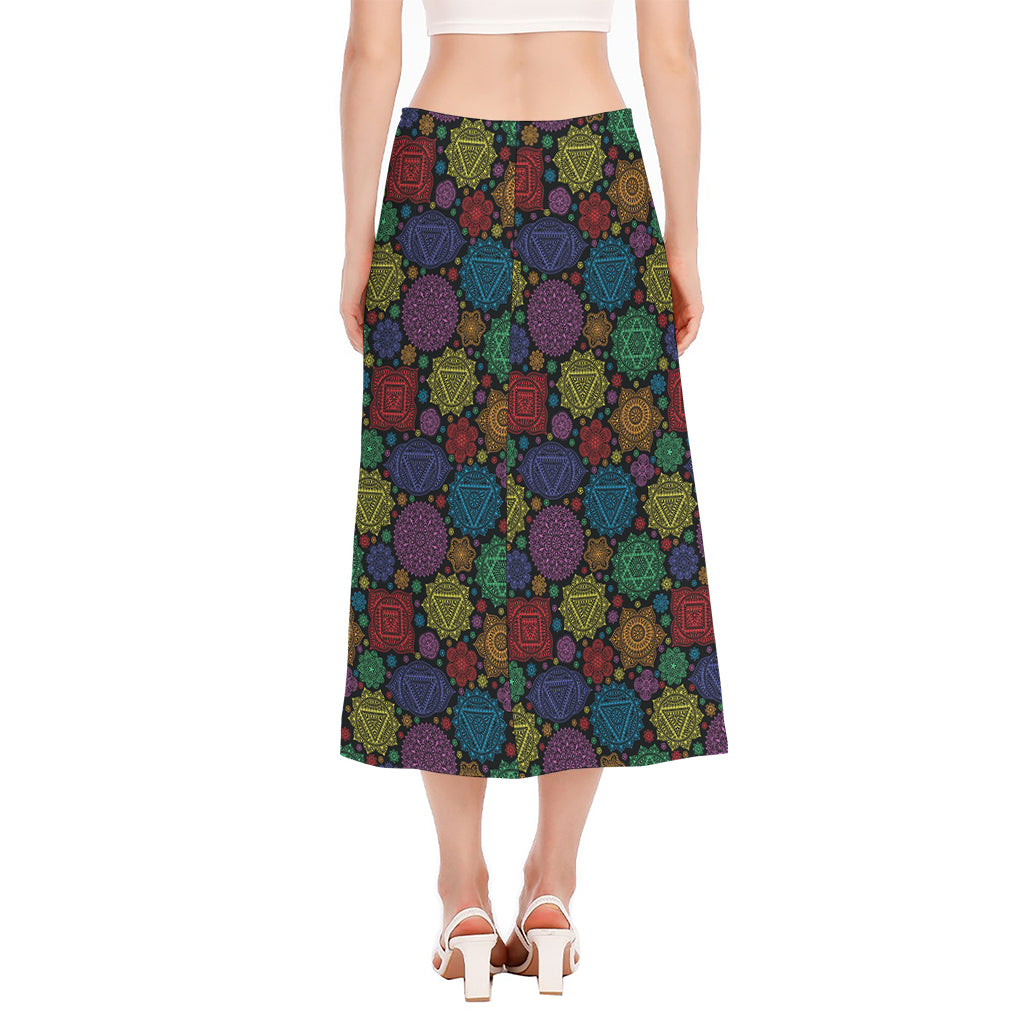 Seven Chakras Flowers Pattern Print Side Slit Midi Skirt
