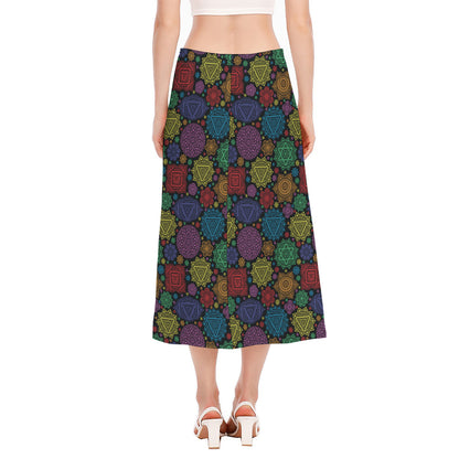 Seven Chakras Flowers Pattern Print Side Slit Midi Skirt