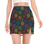 Seven Chakras Flowers Pattern Print Side Slit Mini Skirt