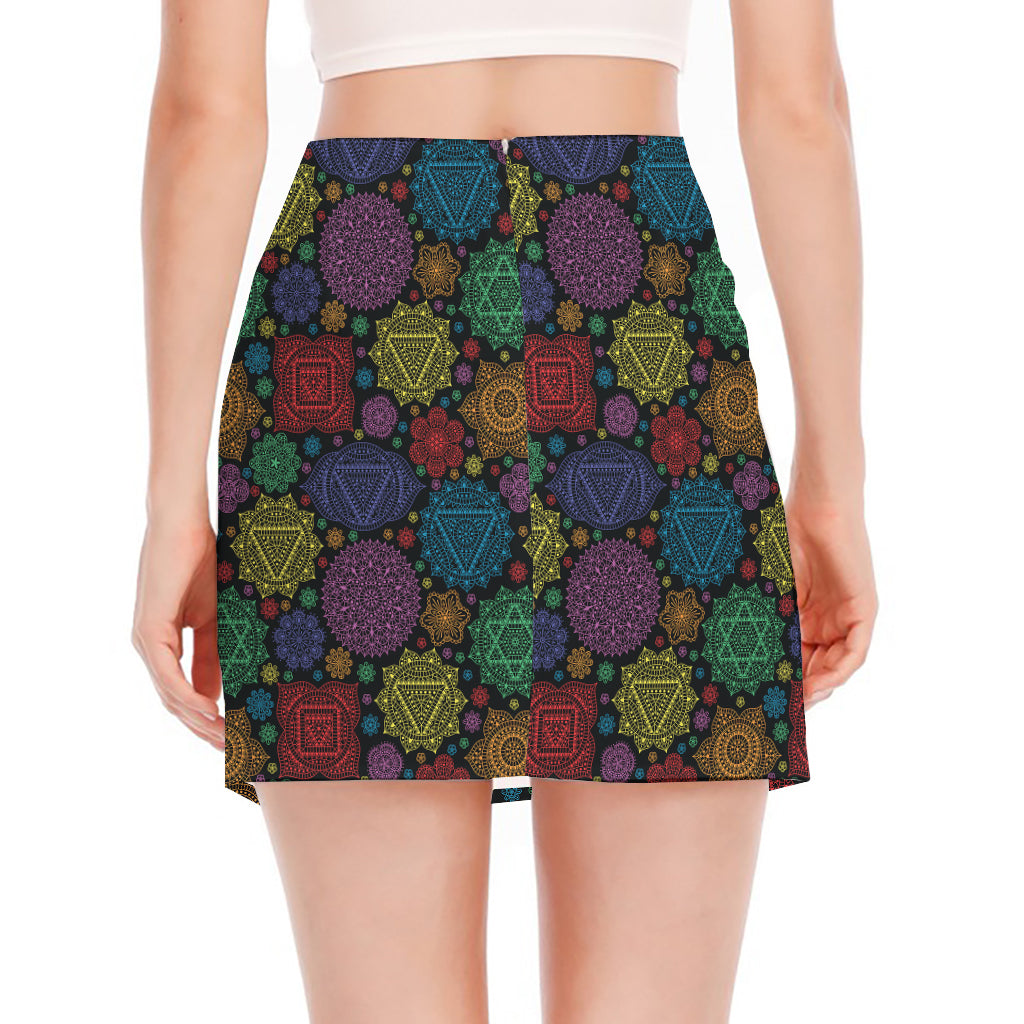 Seven Chakras Flowers Pattern Print Side Slit Mini Skirt