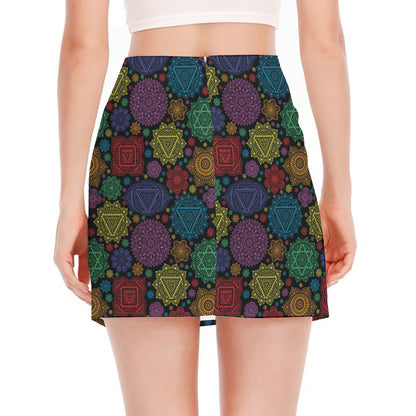 Seven Chakras Flowers Pattern Print Side Slit Mini Skirt