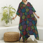 Seven Chakras Flowers Pattern Print Silk V-Neck Kaftan Dress