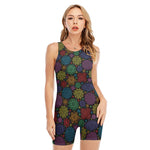 Seven Chakras Flowers Pattern Print Sleeveless One Piece Swimsuit