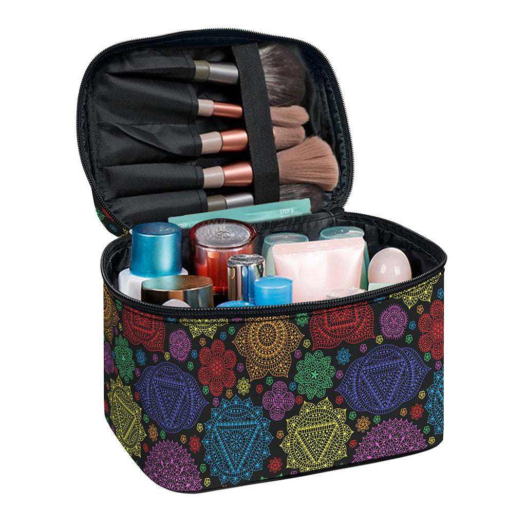 Seven Chakras Flowers Pattern Print Travel Makeup Bag