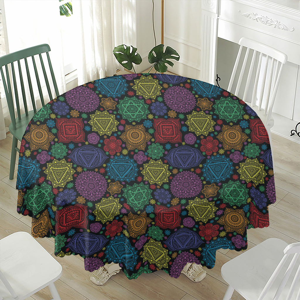 Seven Chakras Flowers Pattern Print Waterproof Round Tablecloth