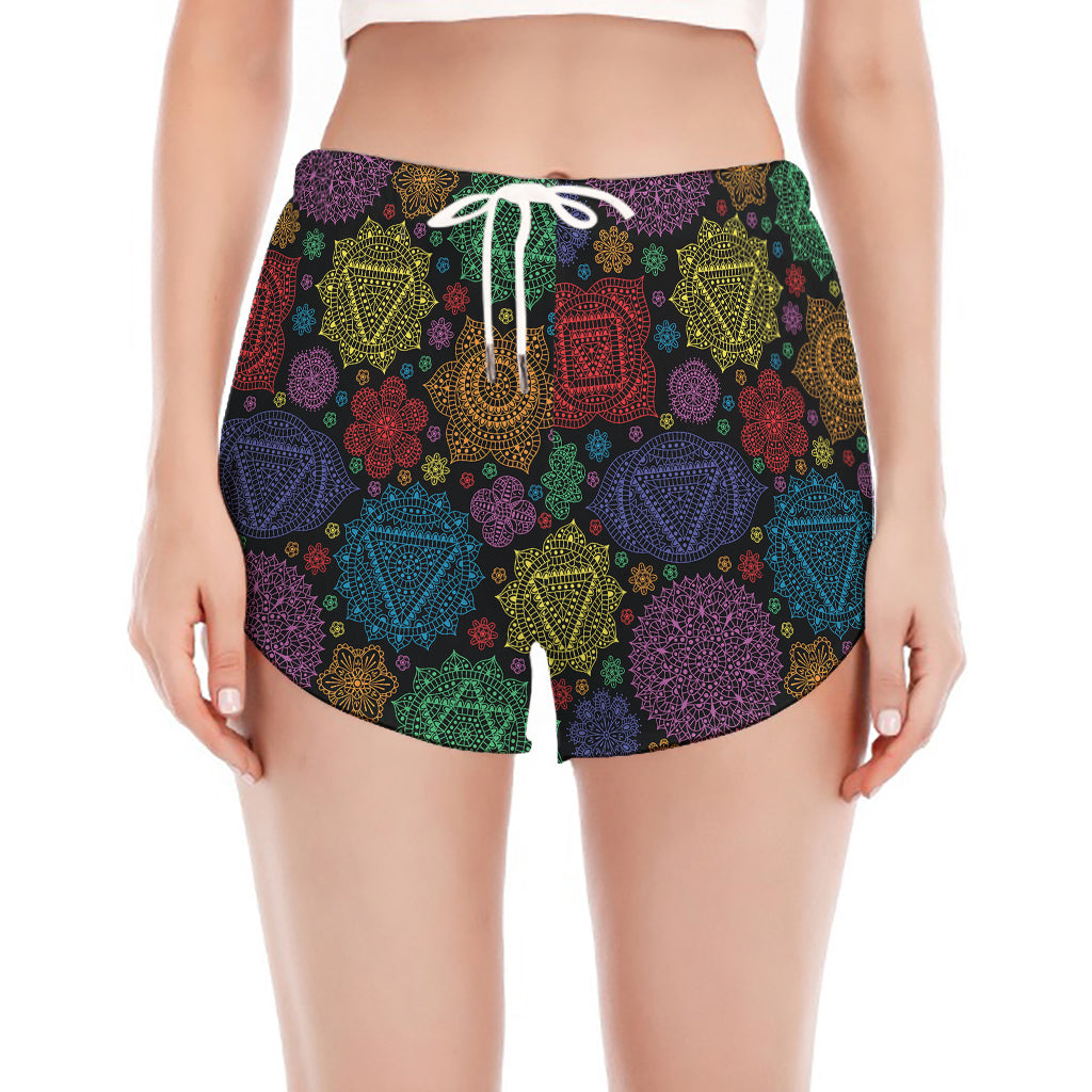 Seven Chakras Flowers Pattern Print Women's Split Running Shorts