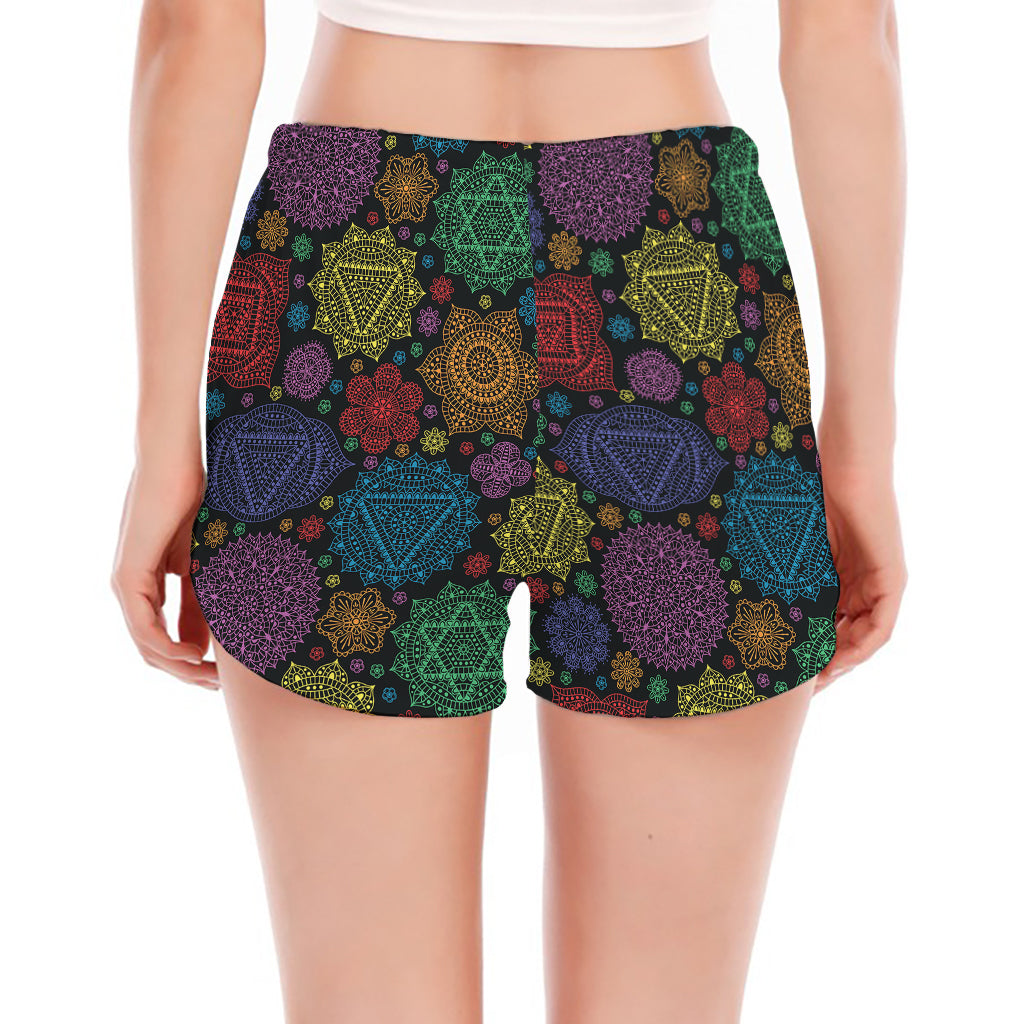 Seven Chakras Flowers Pattern Print Women's Split Running Shorts