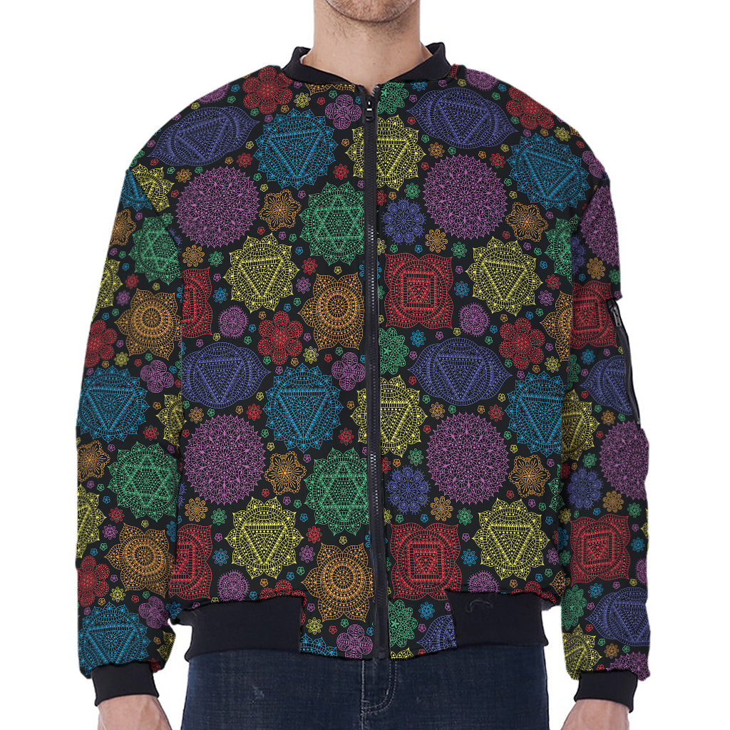 Seven Chakras Flowers Pattern Print Zip Sleeve Bomber Jacket