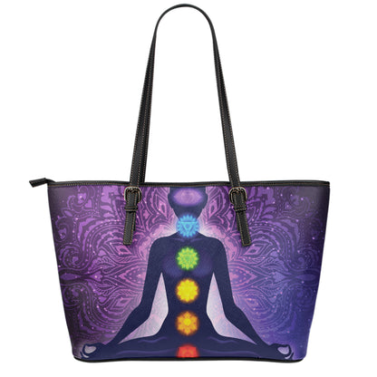 Seven Chakras Mandala Print Leather Tote Bag