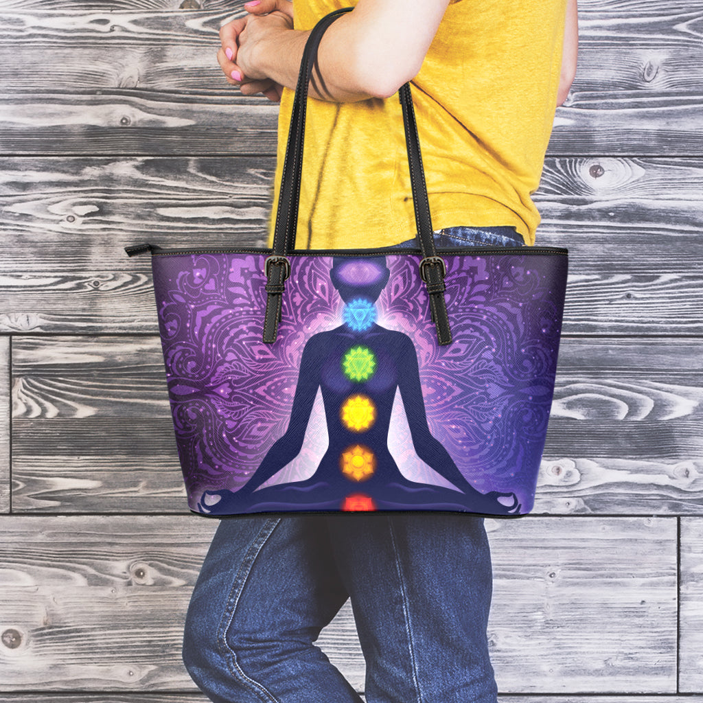 Seven Chakras Mandala Print Leather Tote Bag