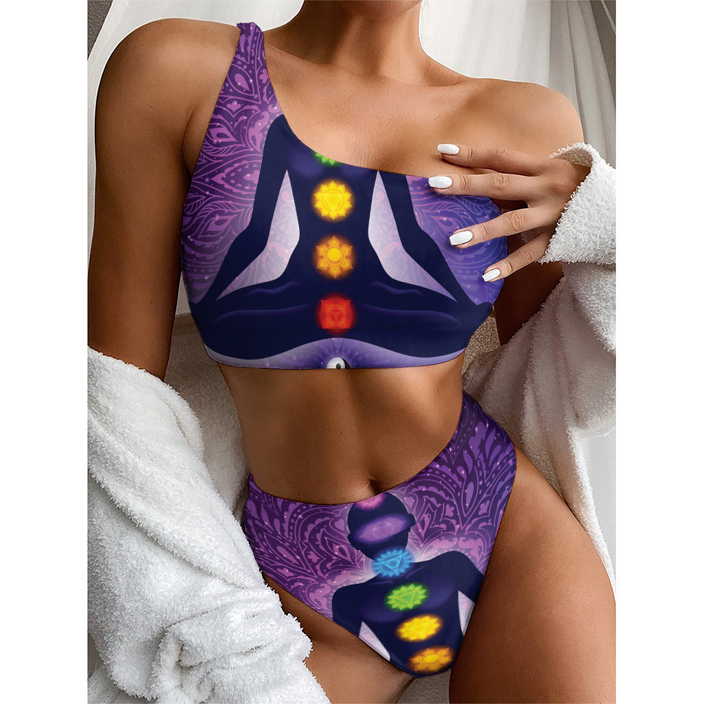Seven Chakras Mandala Print One Shoulder Bikini Top
