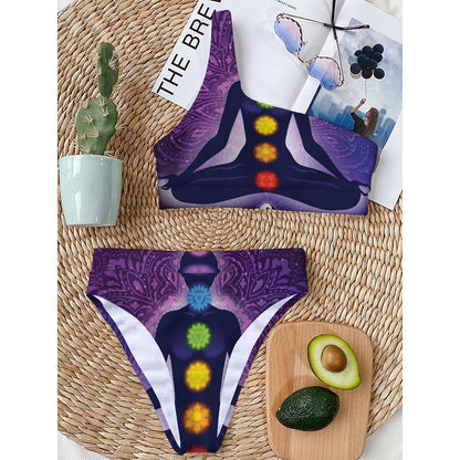 Seven Chakras Mandala Print One Shoulder Bikini Top
