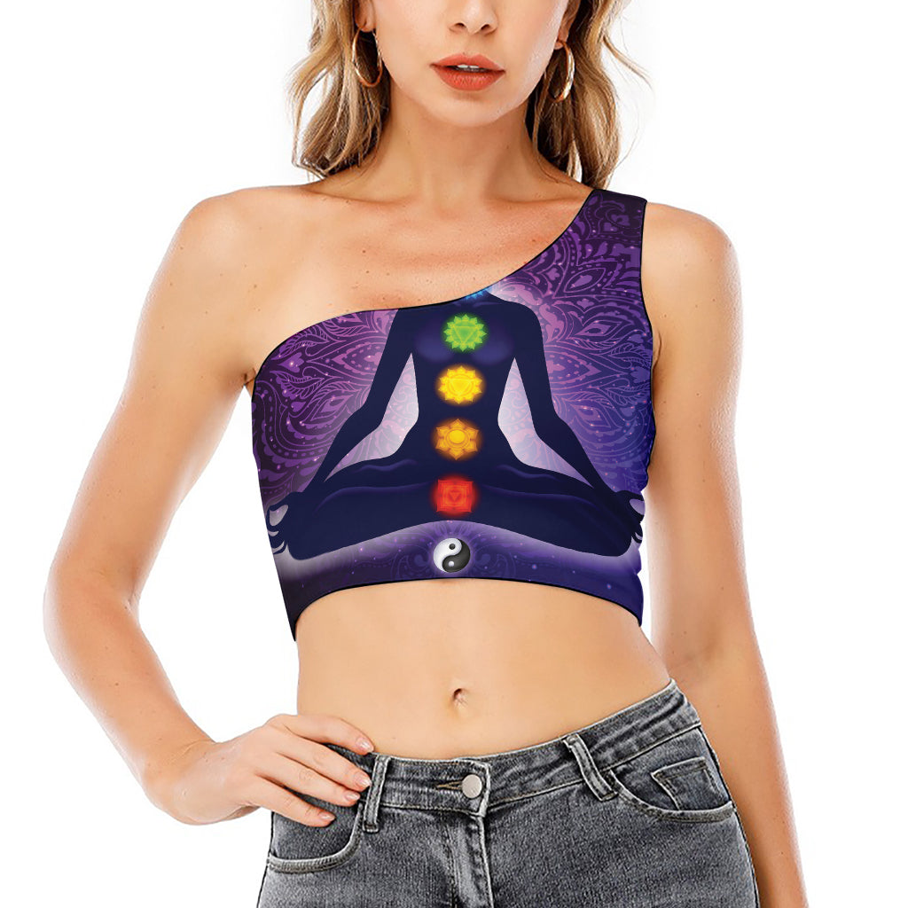 Seven Chakras Mandala Print One Shoulder Crop Top