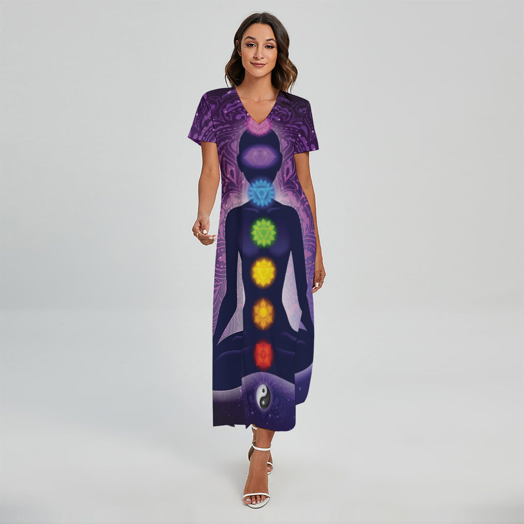 Seven Chakras Mandala Print Short Sleeve Maxi Dress