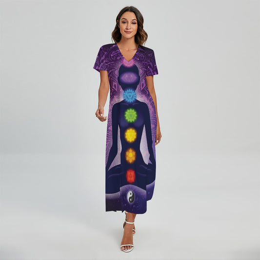Seven Chakras Mandala Print Short Sleeve Maxi Dress