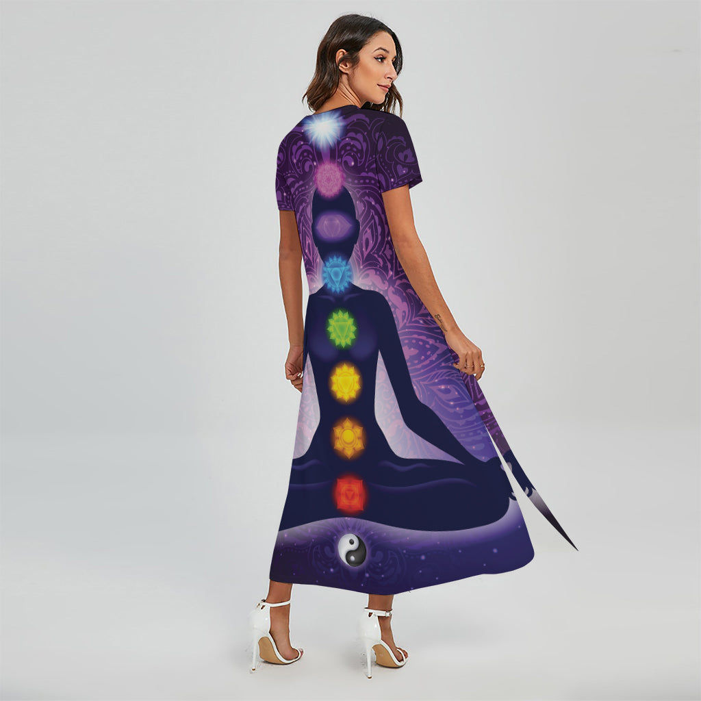 Seven Chakras Mandala Print Short Sleeve Maxi Dress