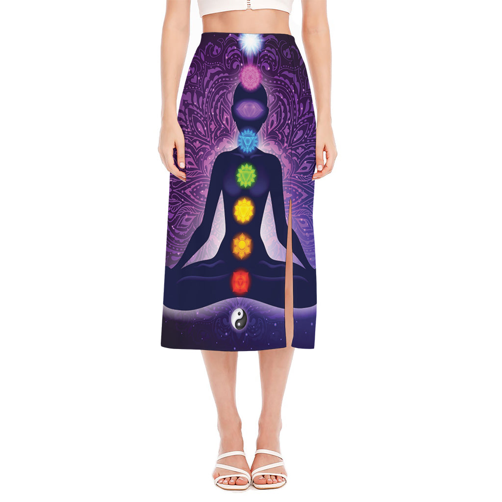 Seven Chakras Mandala Print Side Slit Midi Skirt