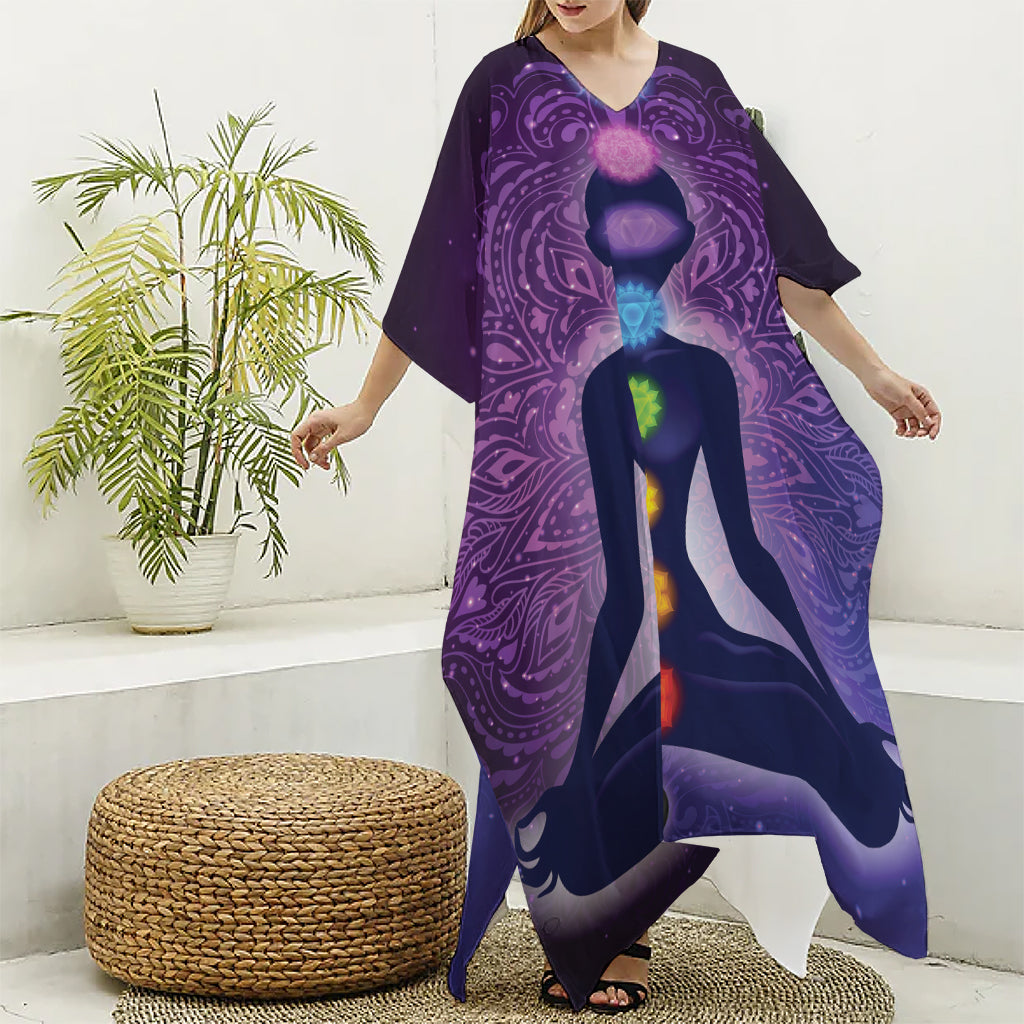 Seven Chakras Mandala Print Silk V-Neck Kaftan Dress