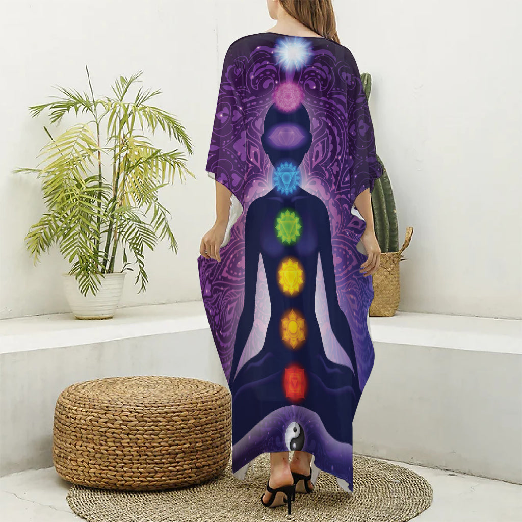 Seven Chakras Mandala Print Silk V-Neck Kaftan Dress