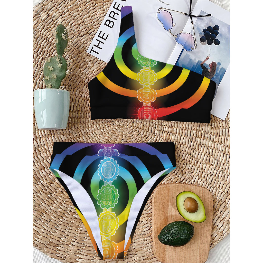 Seven Chakras Rainbow Of Life Print One Shoulder Bikini Top