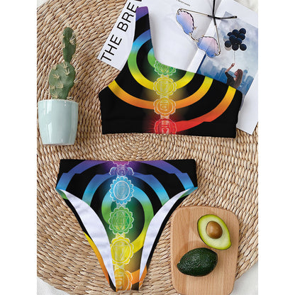 Seven Chakras Rainbow Of Life Print One Shoulder Bikini Top