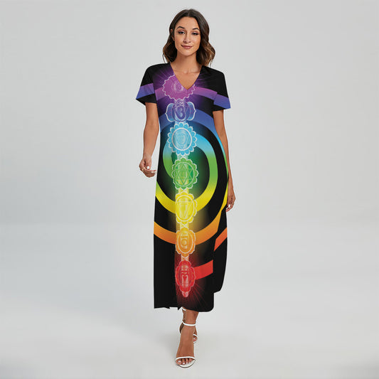 Seven Chakras Rainbow Of Life Print Short Sleeve Maxi Dress
