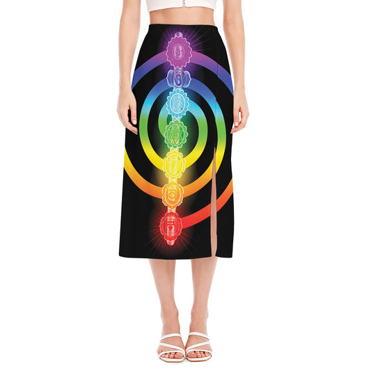 Seven Chakras Rainbow Of Life Print Side Slit Midi Skirt