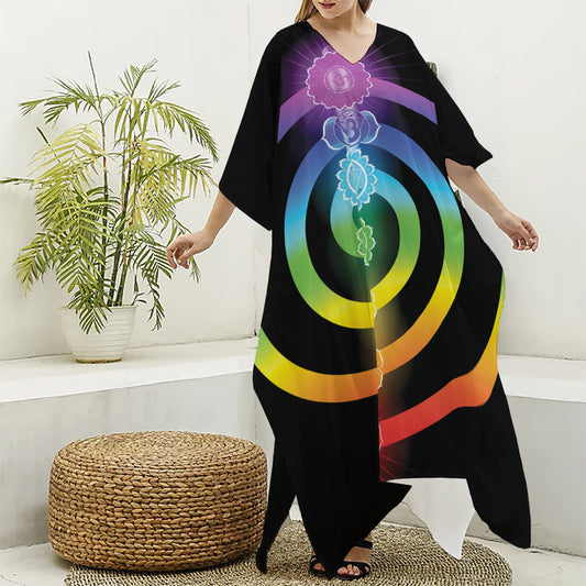 Seven Chakras Rainbow Of Life Print Silk V-Neck Kaftan Dress