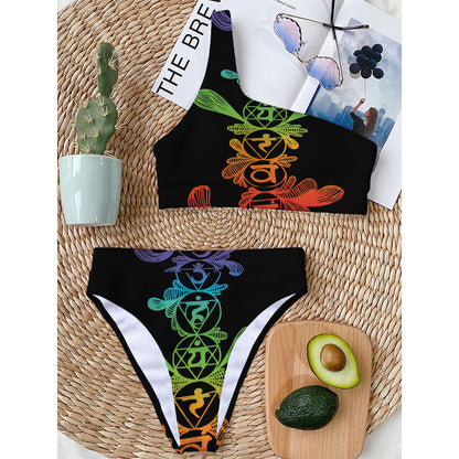 Seven Spiritual Chakras Print One Shoulder Bikini Top