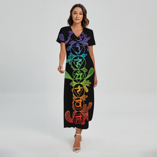 Seven Spiritual Chakras Print Short Sleeve Maxi Dress