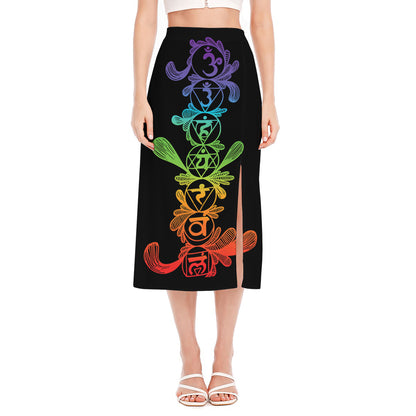 Seven Spiritual Chakras Print Side Slit Midi Skirt