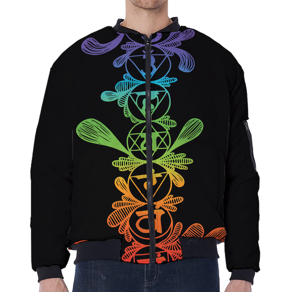 Seven Spiritual Chakras Print Zip Sleeve Bomber Jacket