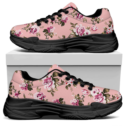 Shabby Chic Vintage Floral Print Black Chunky Shoes