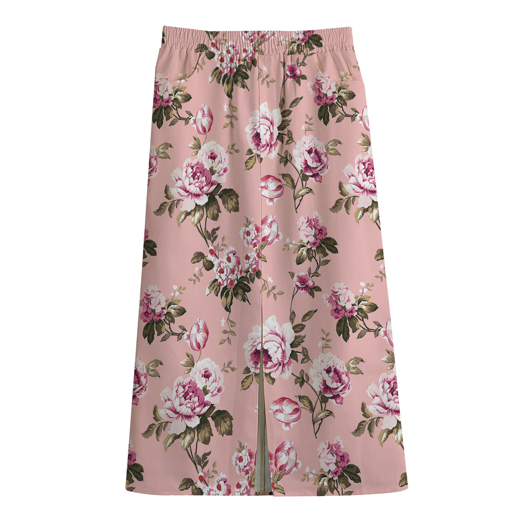 Shabby Chic Vintage Floral Print Cotton Front Slit Maxi Skirt