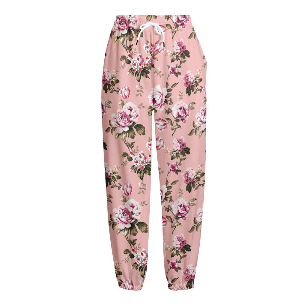 Shabby Chic Vintage Floral Print Fleece Lined Knit Pants