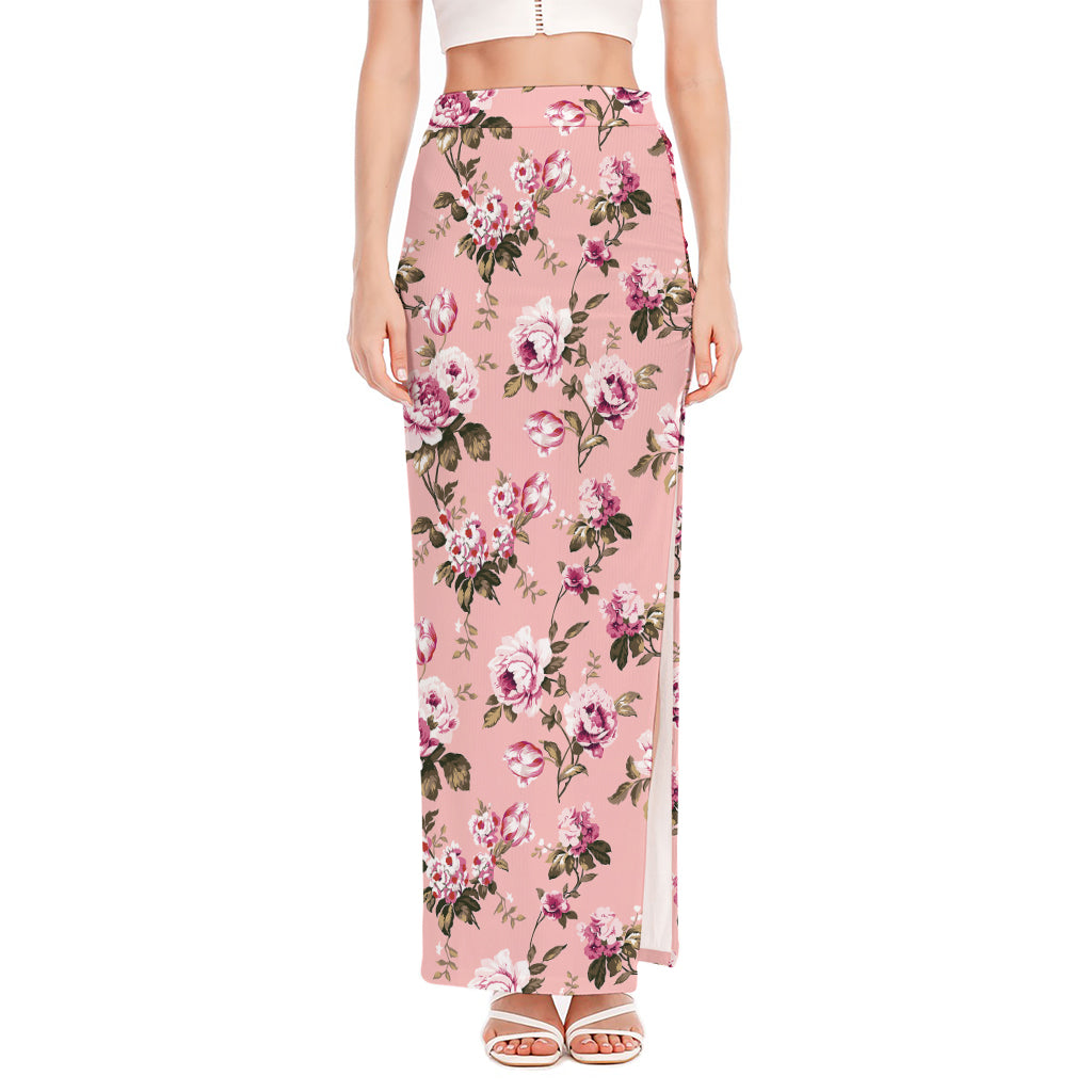 Shabby Chic Vintage Floral Print High Slit Maxi Skirt