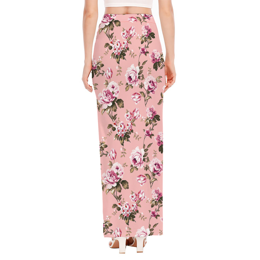 Shabby Chic Vintage Floral Print High Slit Maxi Skirt