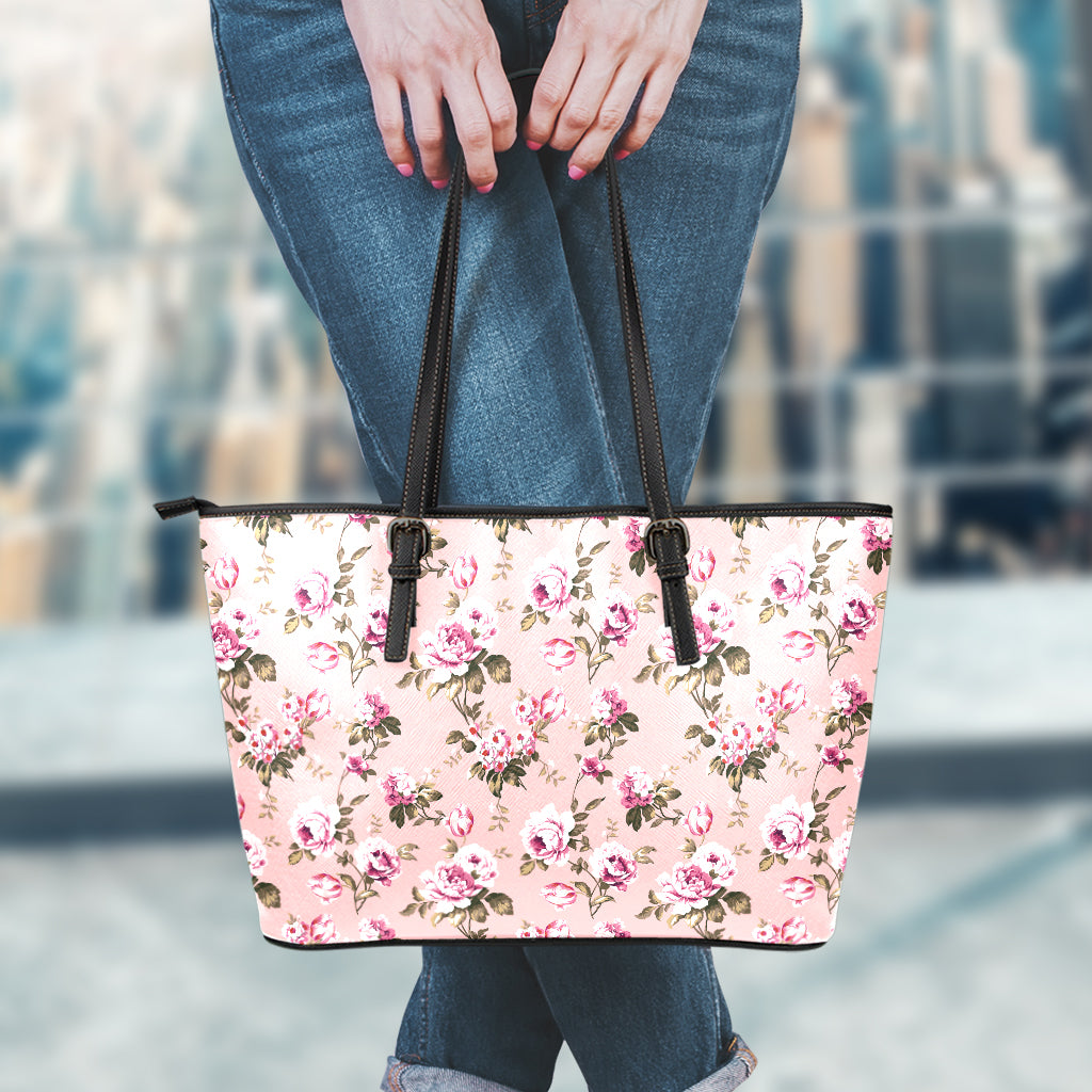 Shabby Chic Vintage Floral Print Leather Tote Bag