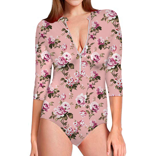 Shabby Chic Vintage Floral Print Long Sleeve Swimsuit