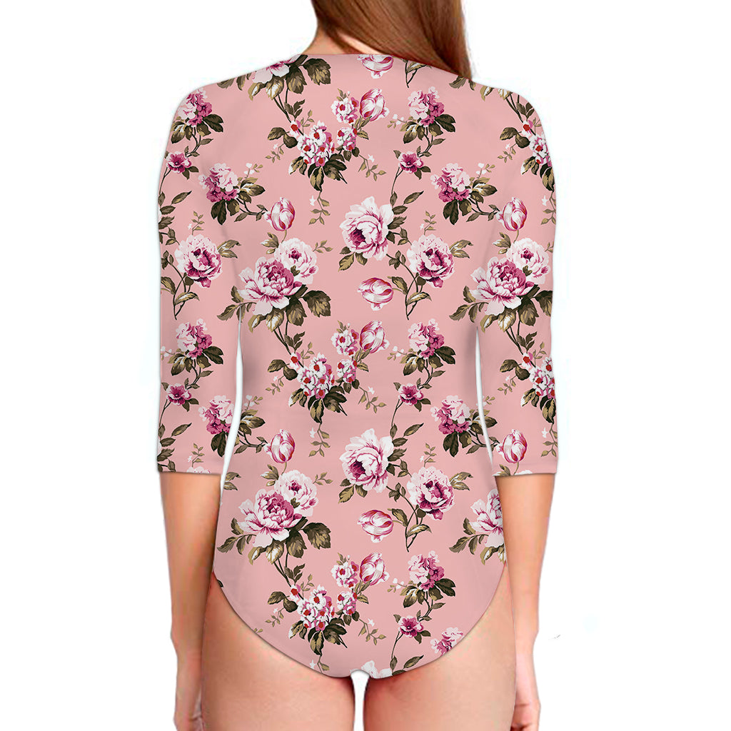 Shabby Chic Vintage Floral Print Long Sleeve Swimsuit
