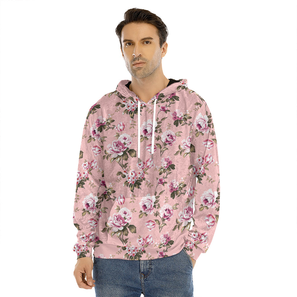 Shabby Chic Vintage Floral Print Men's Velvet Pullover Hoodie