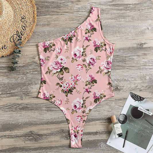 Shabby Chic Vintage Floral Print One Shoulder Bodysuit