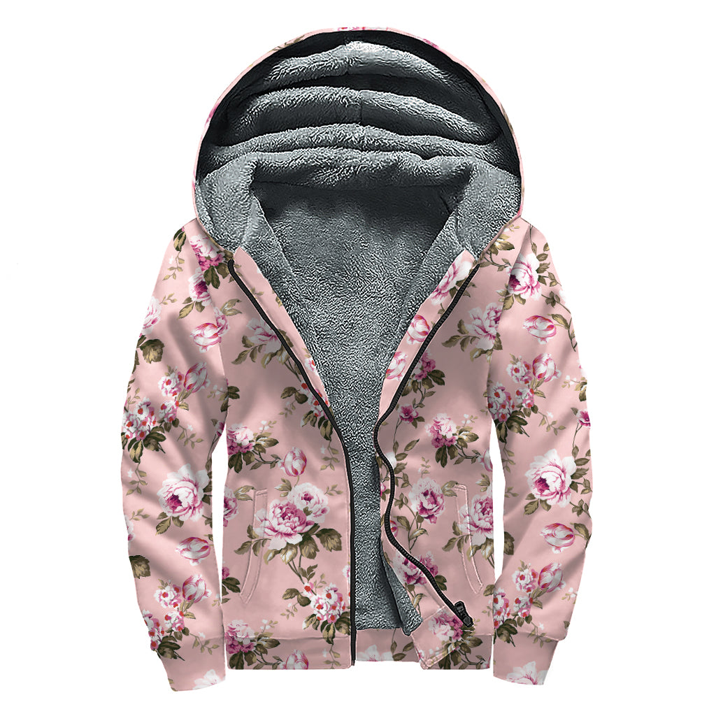 Shabby Chic Vintage Floral Print Sherpa Lined Zip Up Hoodie