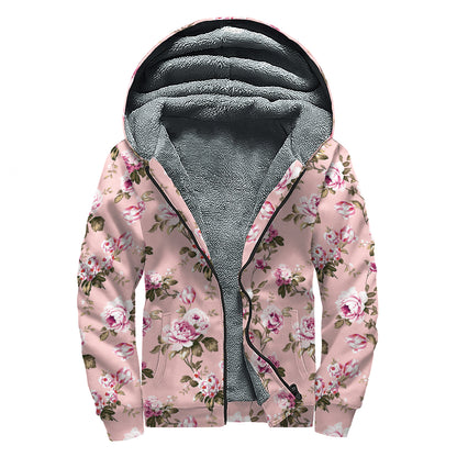 Shabby Chic Vintage Floral Print Sherpa Lined Zip Up Hoodie