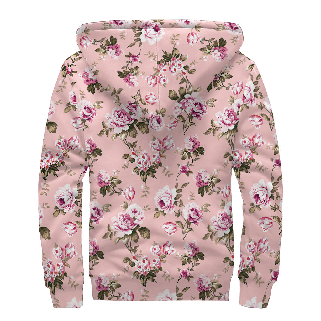 Shabby Chic Vintage Floral Print Sherpa Lined Zip Up Hoodie