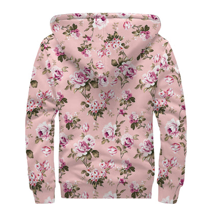 Shabby Chic Vintage Floral Print Sherpa Lined Zip Up Hoodie