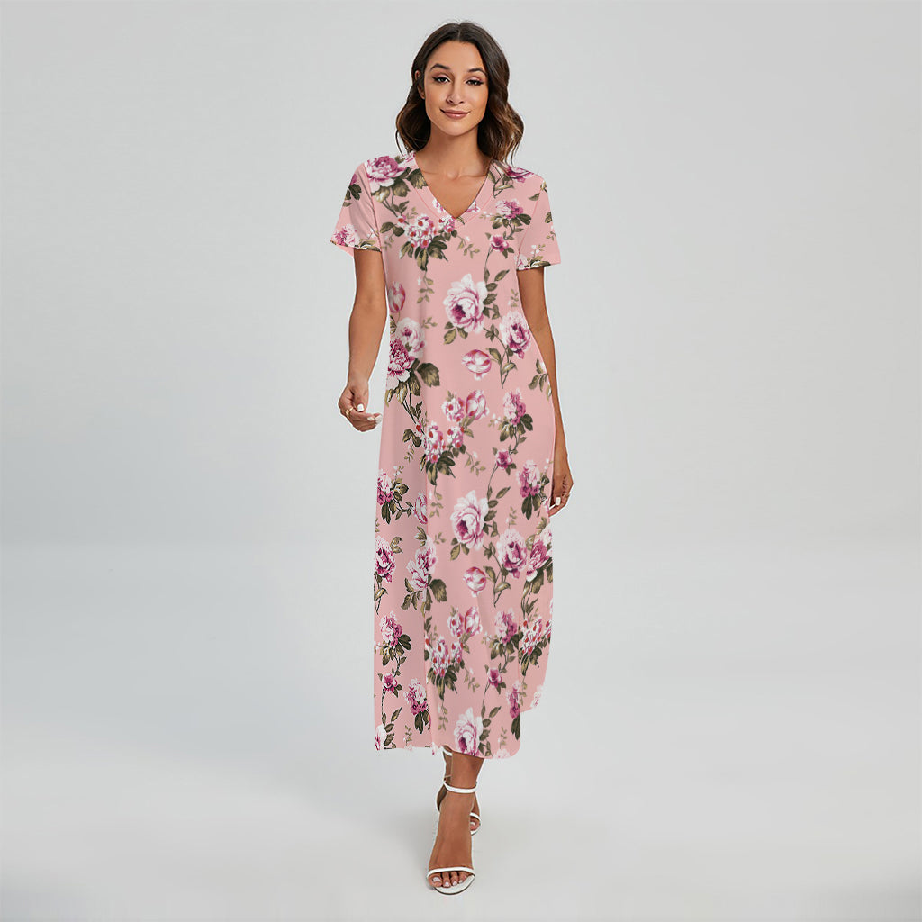 Shabby Chic Vintage Floral Print Short Sleeve Maxi Dress